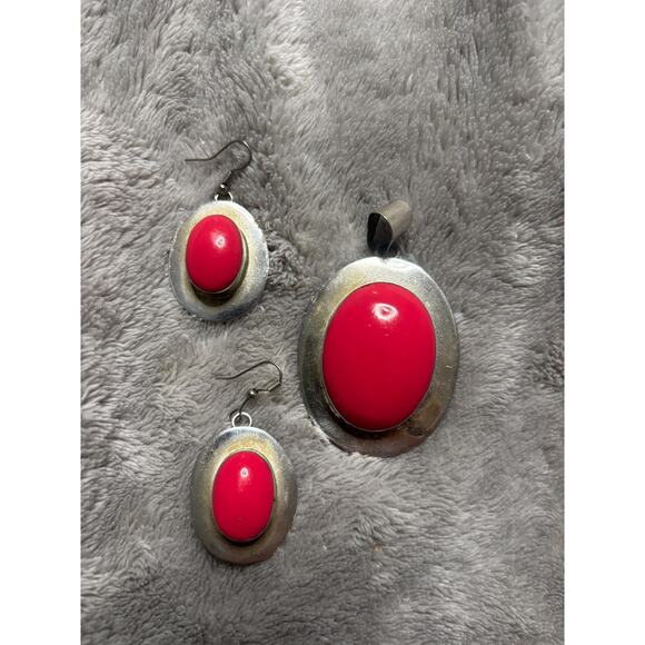 Vintage Mexico 925 Sterling Silver Block Pink Inlay Pendant Earrings Set - Picture 2 of 7